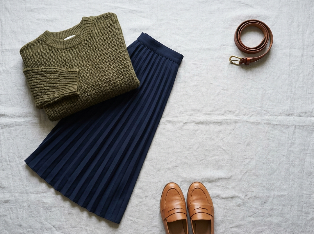 A knit, skirt, belt and loafers laid flat