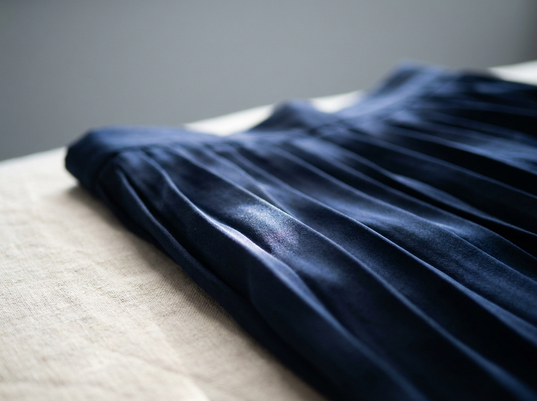 Close detail of navy skirt pleats