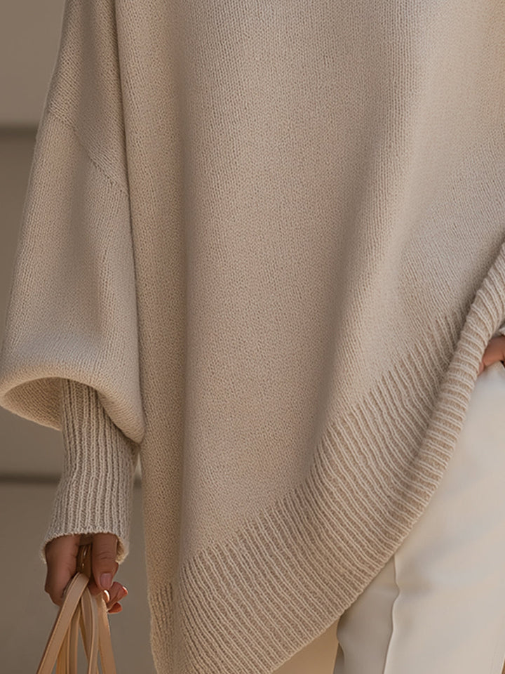 Comfortable Knit Poncho Sweater for Women with Crew Neck Batwing Sleeve Oversized Asymmetric Style