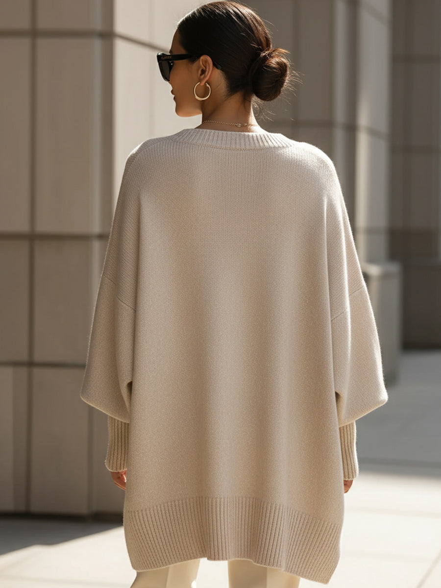 Comfortable Knit Poncho Sweater for Women with Crew Neck Batwing Sleeve Oversized Asymmetric Style