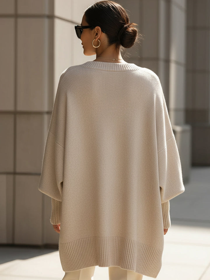 Comfortable Knit Poncho Sweater for Women with Crew Neck Batwing Sleeve Oversized Asymmetric Style