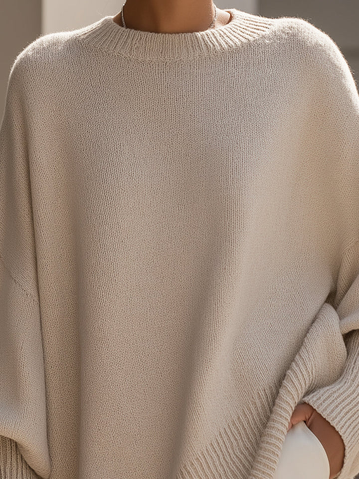 Comfortable Knit Poncho Sweater for Women with Crew Neck Batwing Sleeve Oversized Asymmetric Style