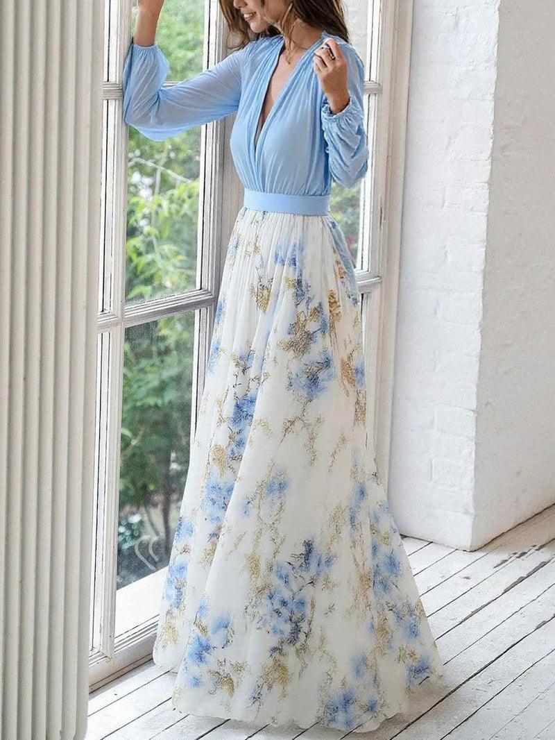 Elegant Blue Floral Maxi Dress for Women with V Neck Long Sleeve Flowing Bohemian Style