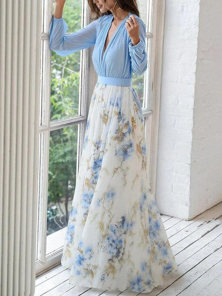 Elegant Blue Floral Maxi Dress for Women with V Neck Long Sleeve Flowing Bohemian Style