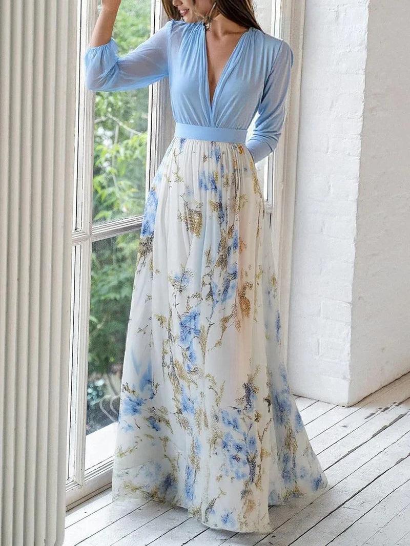 Elegant Blue Floral Maxi Dress for Women with V Neck Long Sleeve Flowing Bohemian Style