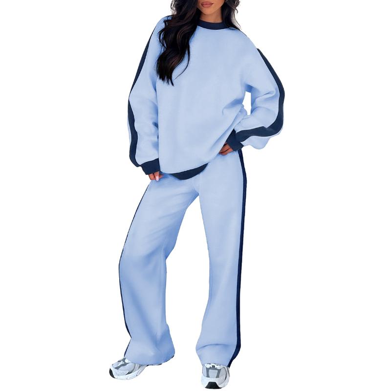 Effortless Wide Leg Set for Women with Round Neck Long Sleeve Contrast Stripe Relaxed Two Piece Style