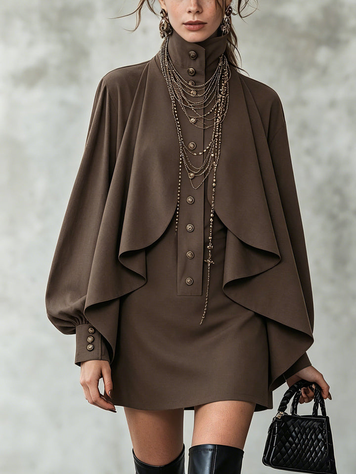 Elegant Chocolate Mini Dress for Women with High Neck Long Sleeve Draped Cape Style