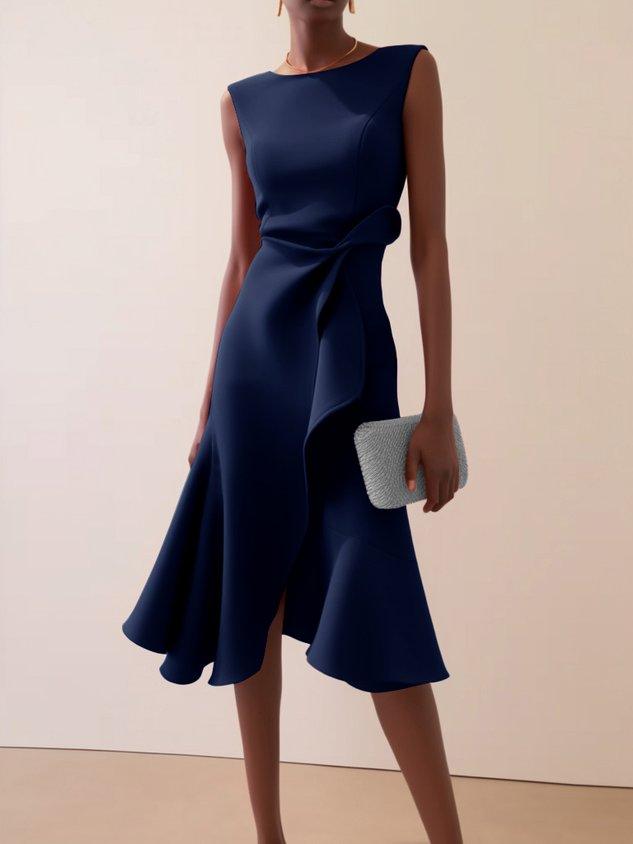 Elegant Draped Midi Dress for Women with Boat Neck Sleeveless Asymmetric Ruffle Hem Cocktail Style