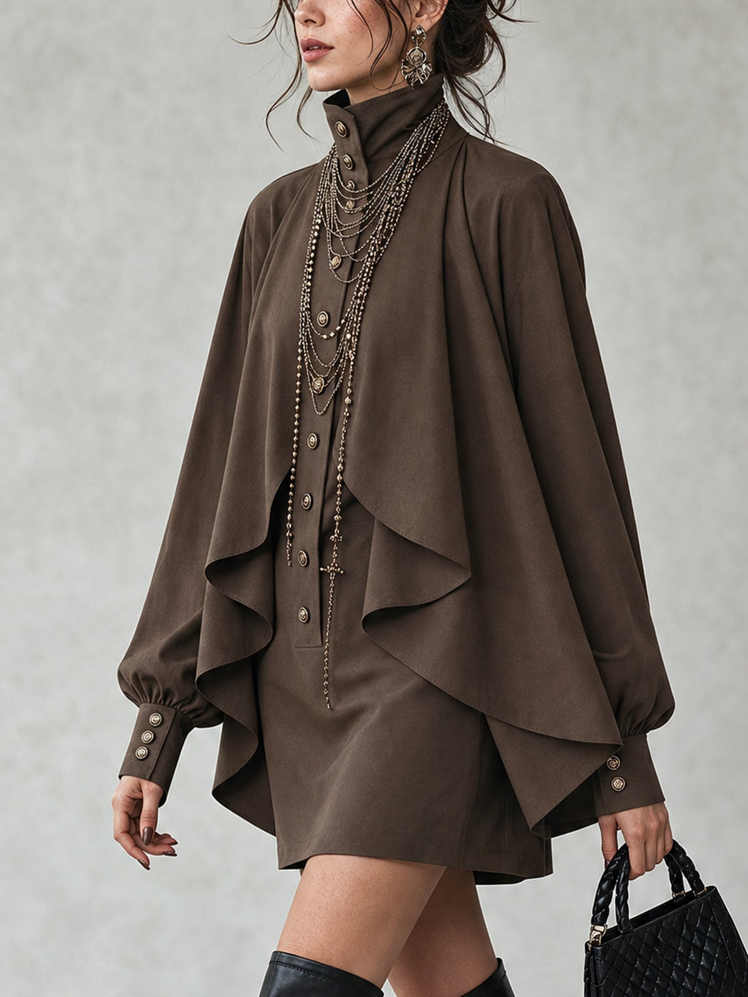 Elegant Chocolate Mini Dress for Women with High Neck Long Sleeve Draped Cape Style