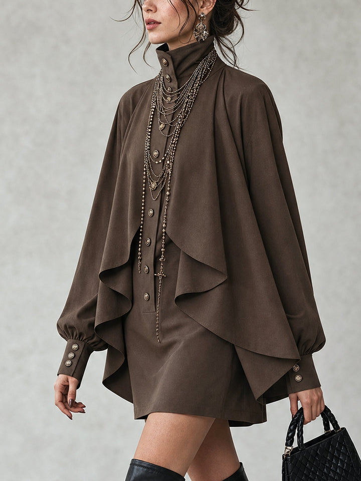 Elegant Chocolate Mini Dress for Women with High Neck Long Sleeve Draped Cape Style