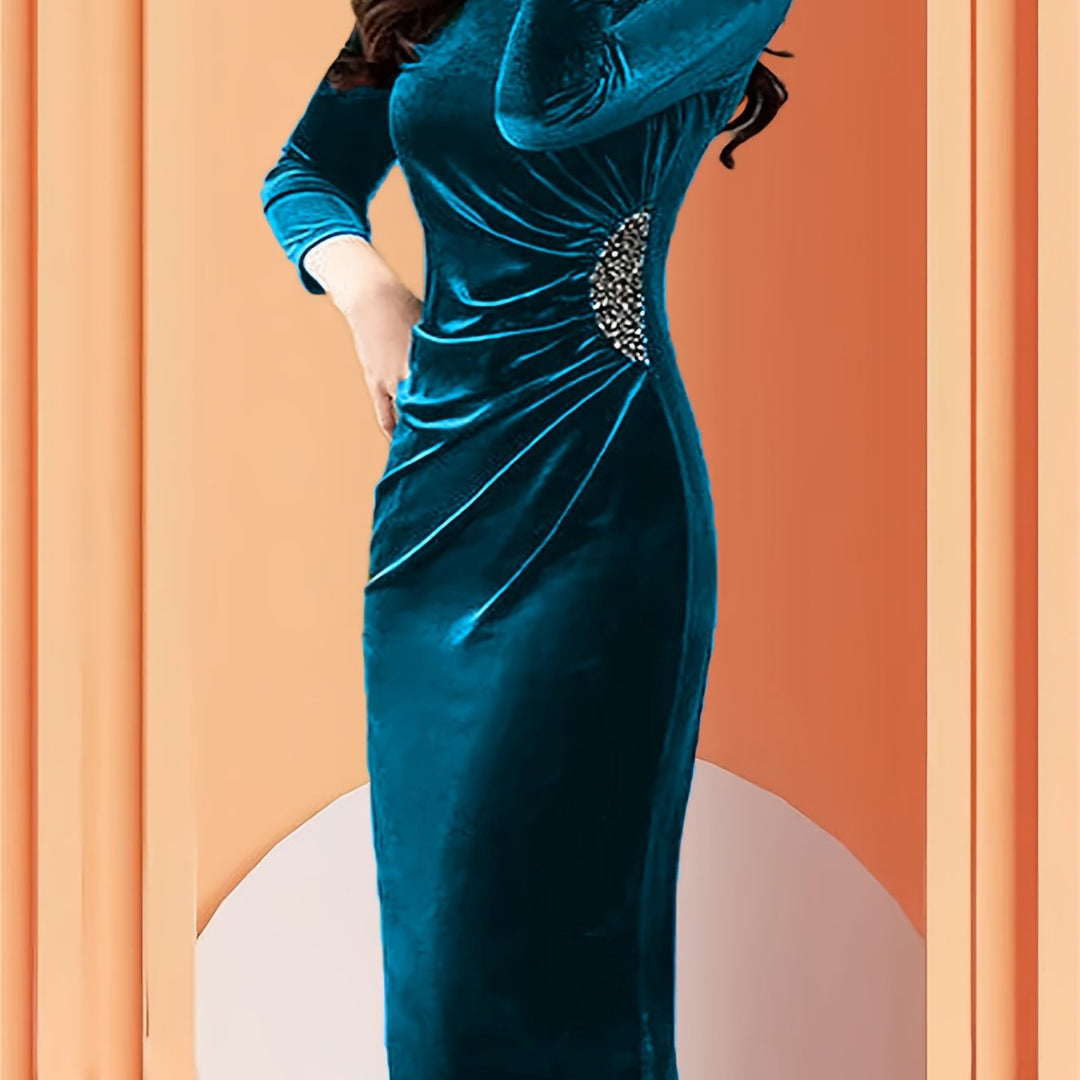 Elegant Velvet Midi Dress for Women with Round Neck Elbow Sleeve Ruched Beaded Bodycon Cocktail Style