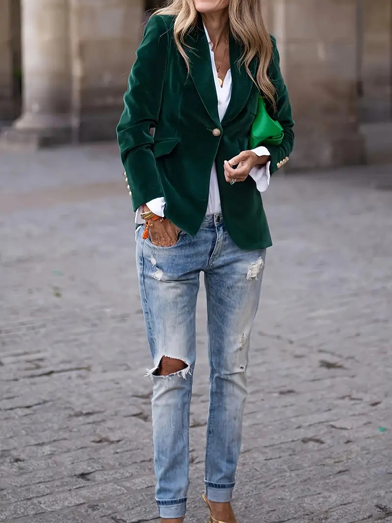 Elegant Velvet Blazer for Women with Lapel Collar Long Sleeve Single Button Tailored Formal Style