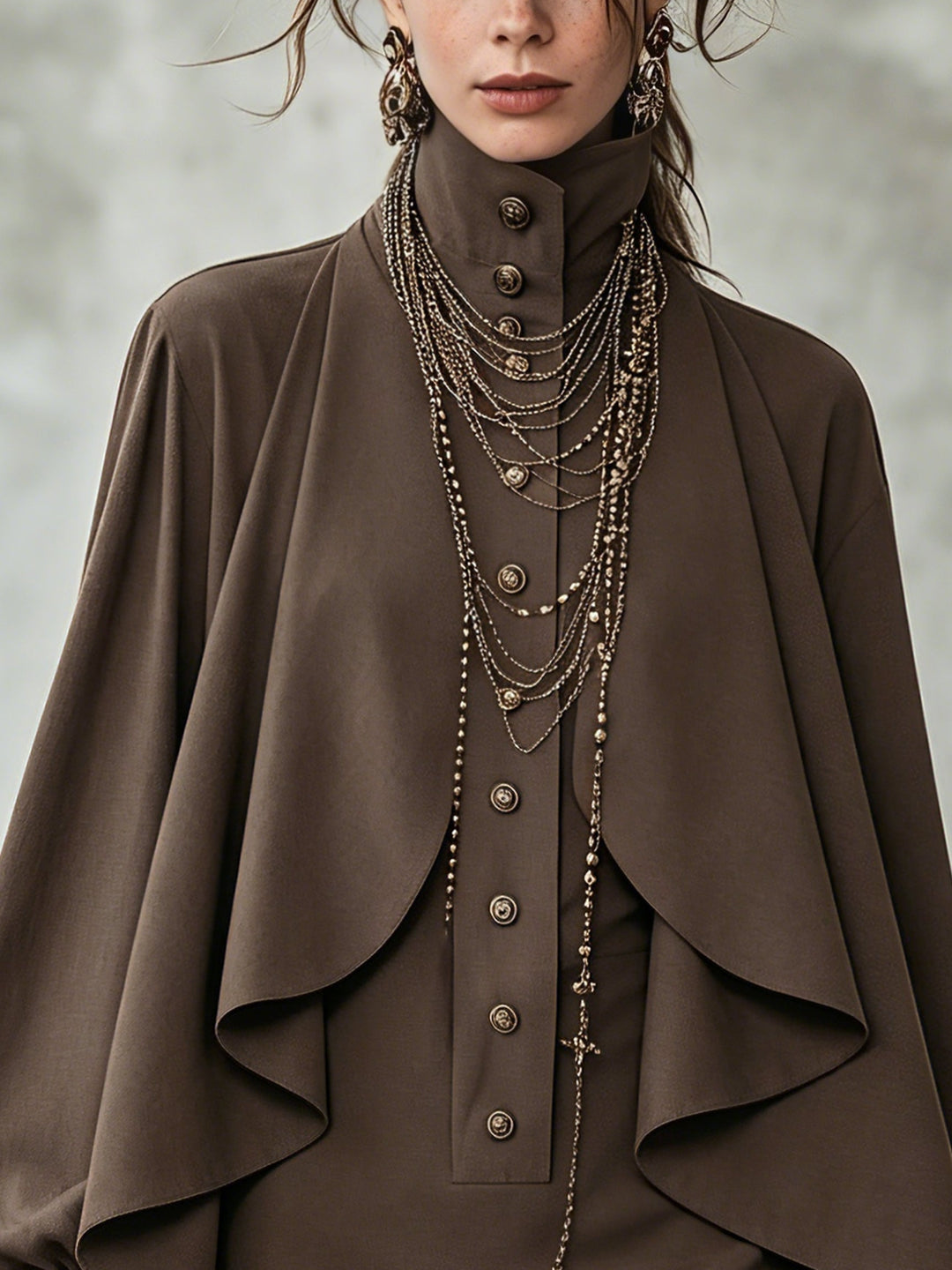 Elegant Chocolate Mini Dress for Women with High Neck Long Sleeve Draped Cape Style