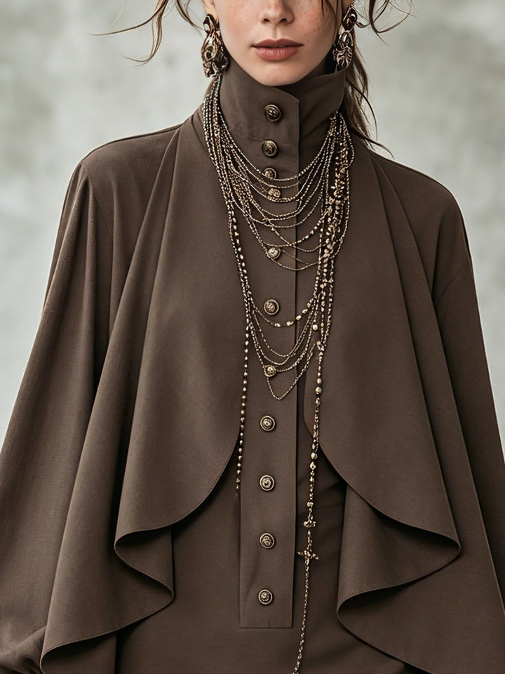 Elegant Chocolate Mini Dress for Women with High Neck Long Sleeve Draped Cape Style