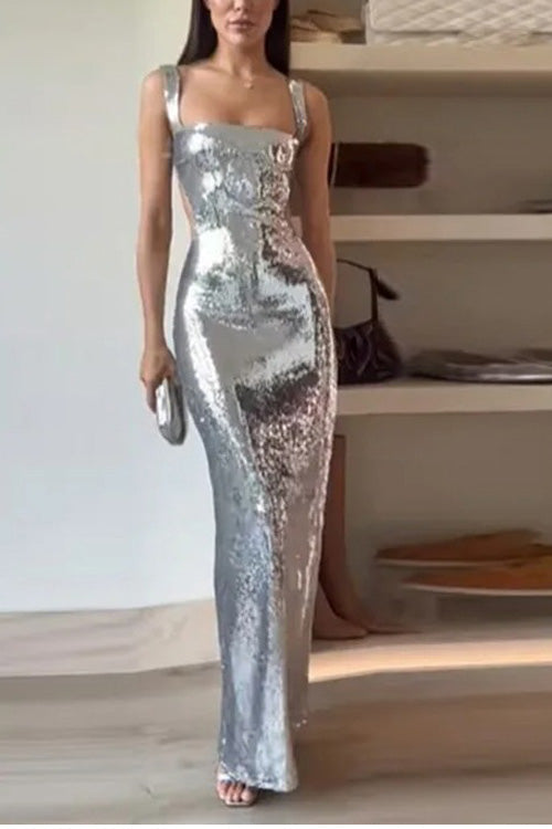 Elegant Sequin Maxi Dress for Women with Square Neck Sleeveless Cutout Bodycon Sparkle Formal Party Style
