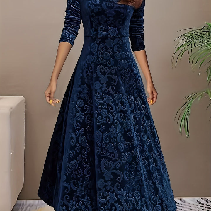 Elegant Velvet Floral Maxi Dress for Women with Square Neck Elbow Sleeve A Line Flowing Style