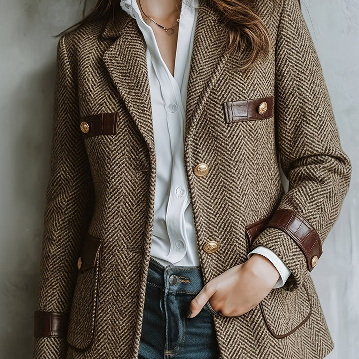 Elegant Khaki Herringbone Tweed Blazer for Women with Lapel Collar Long Sleeve Leather Trim Gold Button Style