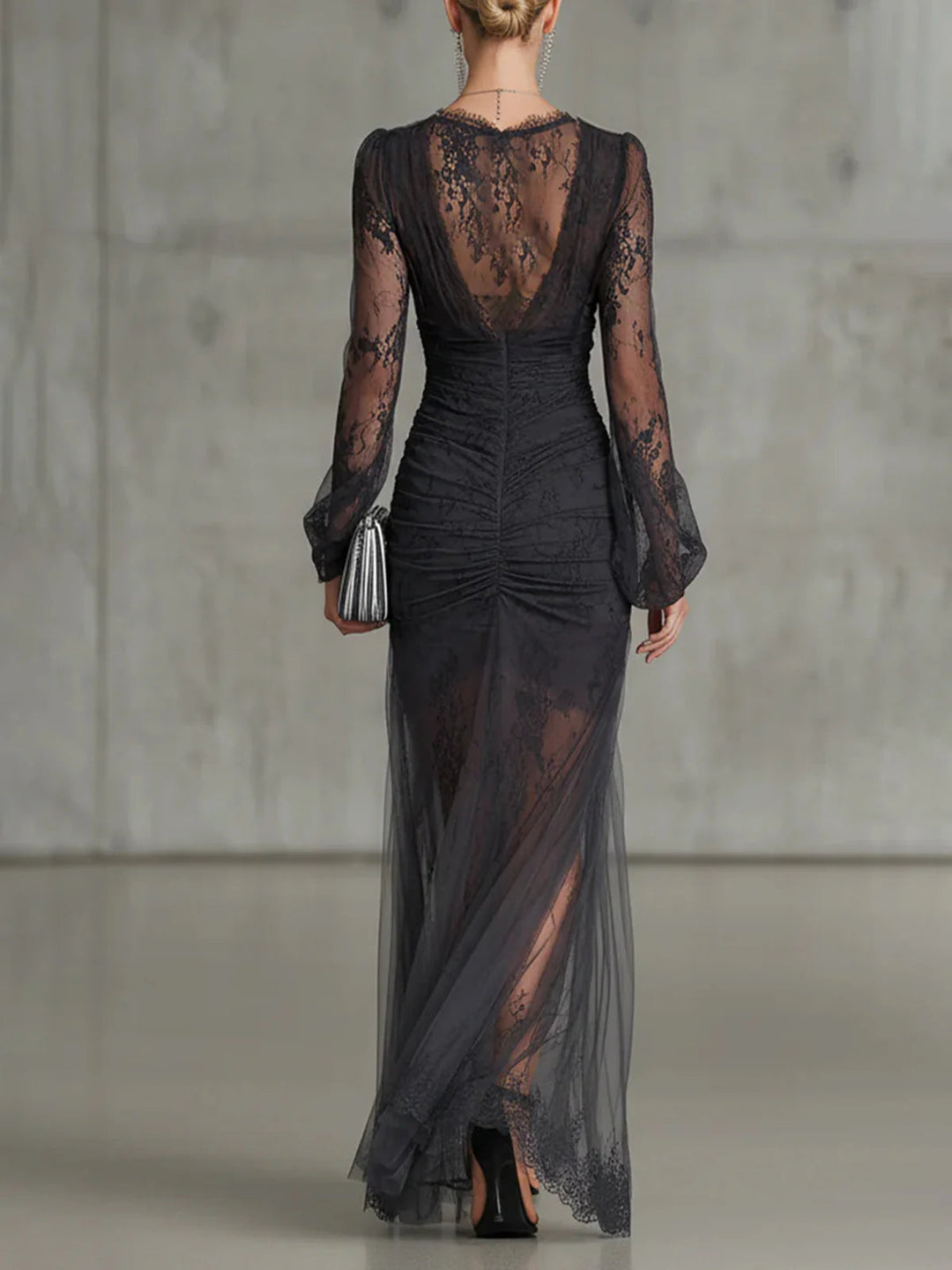 Elegant Dark Grey Lace Maxi Dress for Women with Plunging V Neck Bishop Sleeve Ruched High Slit Formal Wedding Guest Style