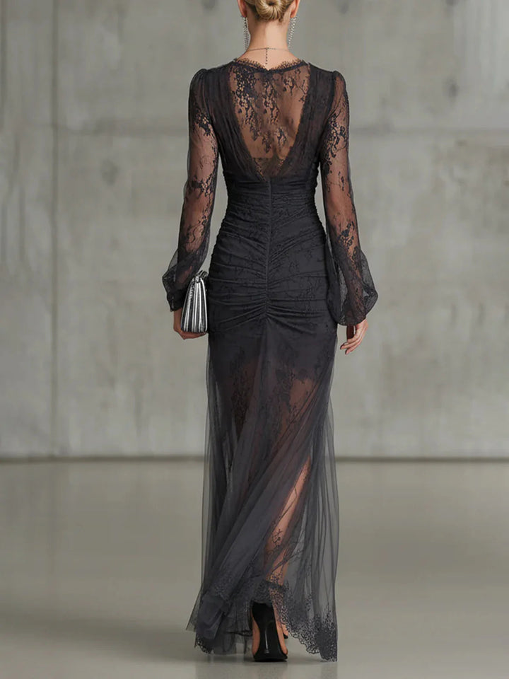 Elegant Dark Grey Lace Maxi Dress for Women with Plunging V Neck Bishop Sleeve Ruched High Slit Formal Wedding Guest Style
