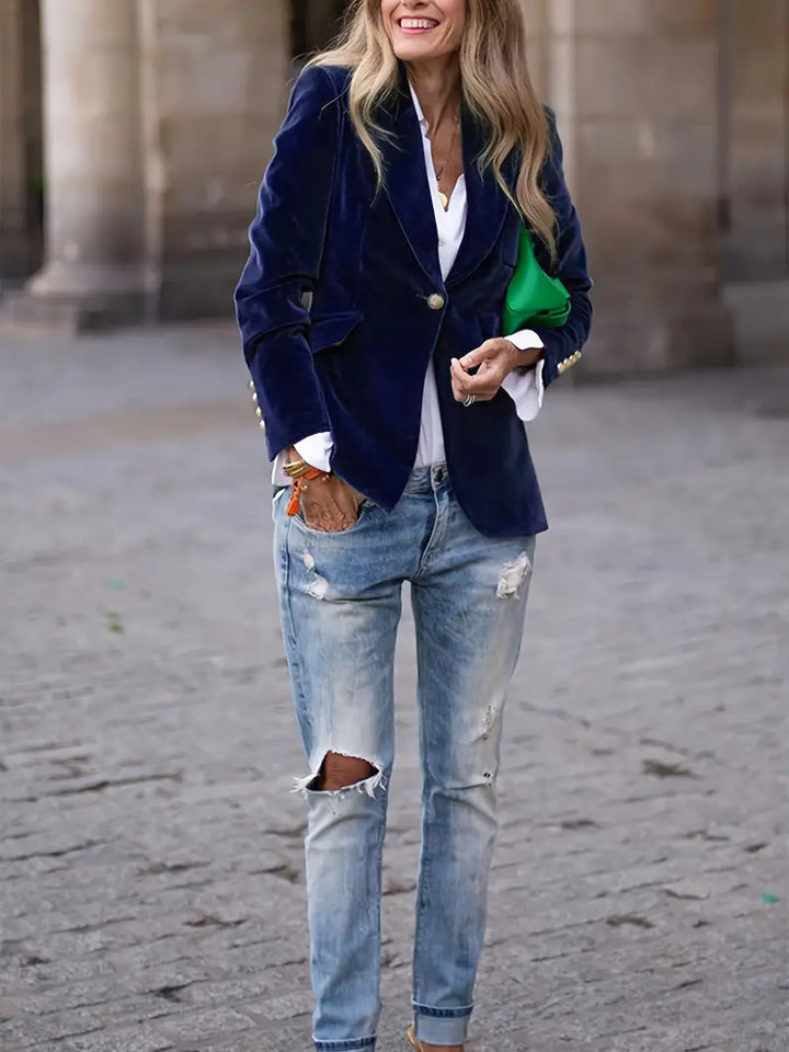 Elegant Velvet Blazer for Women with Lapel Collar Long Sleeve Single Button Tailored Formal Style