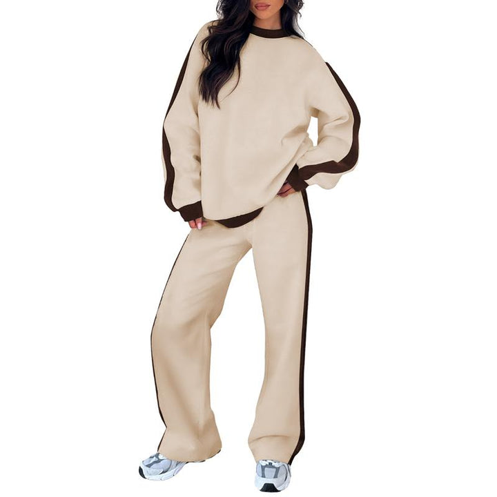 Effortless Wide Leg Set for Women with Round Neck Long Sleeve Contrast Stripe Relaxed Two Piece Style