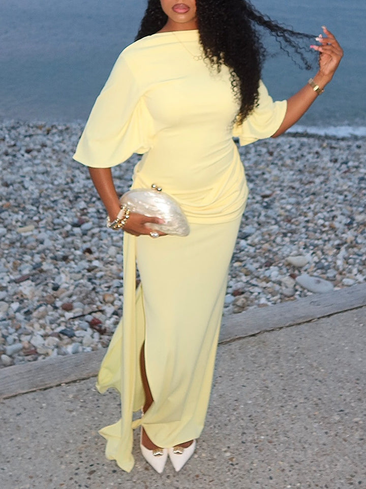 Elegant Yellow Maxi Dress for Women with High Neck Batwing Sleeve Backless Slit Style