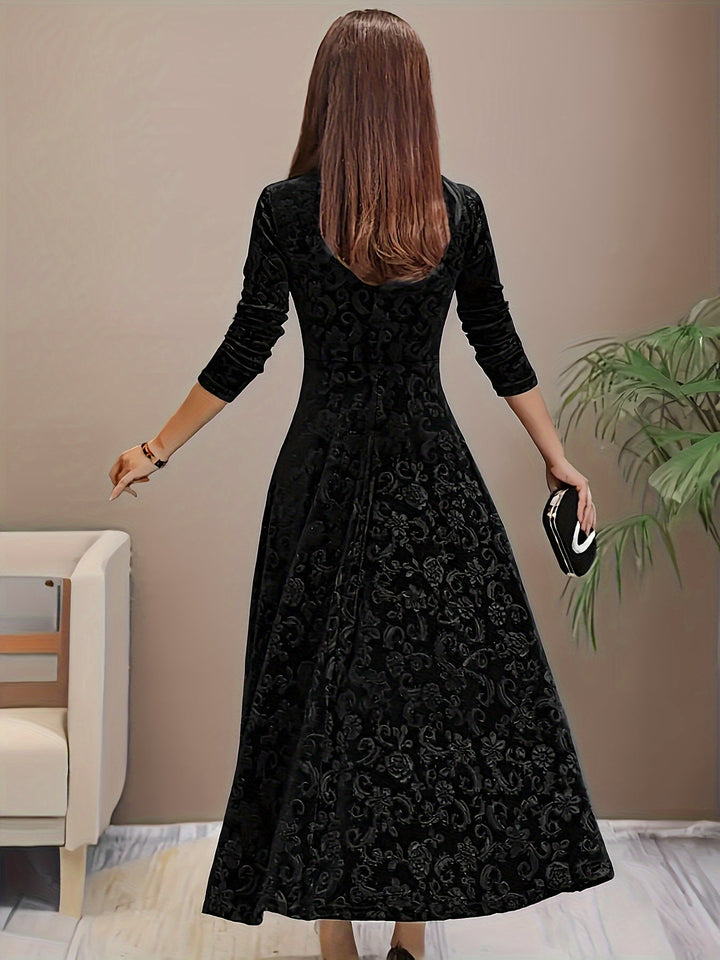 Elegant Velvet Floral Maxi Dress for Women with Square Neck Elbow Sleeve A Line Flowing Style
