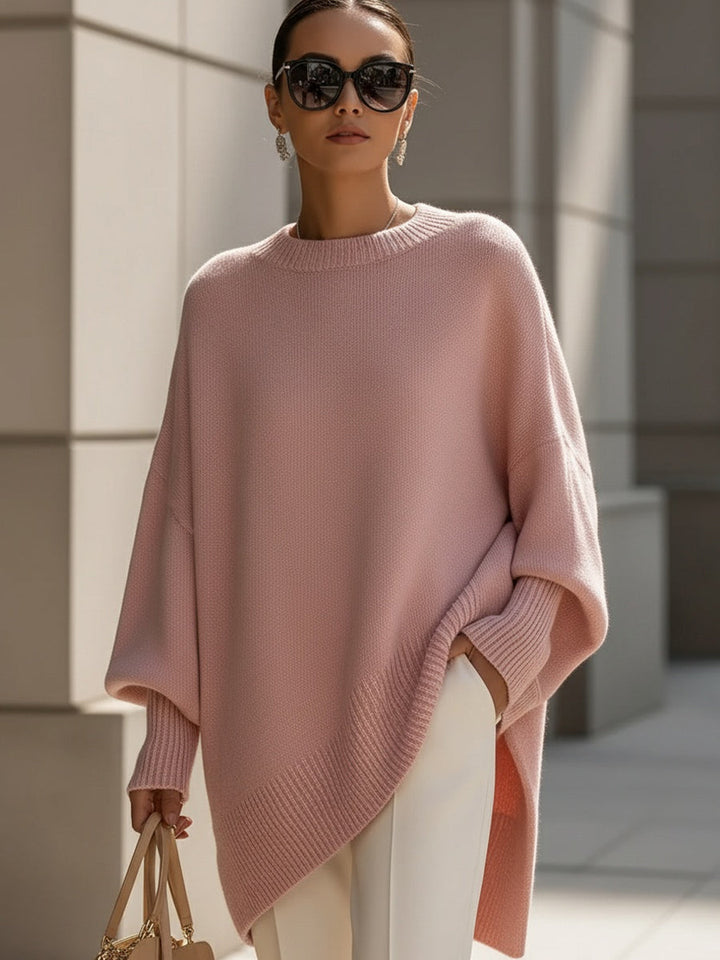 Comfortable Knit Poncho Sweater for Women with Crew Neck Batwing Sleeve Oversized Asymmetric Style