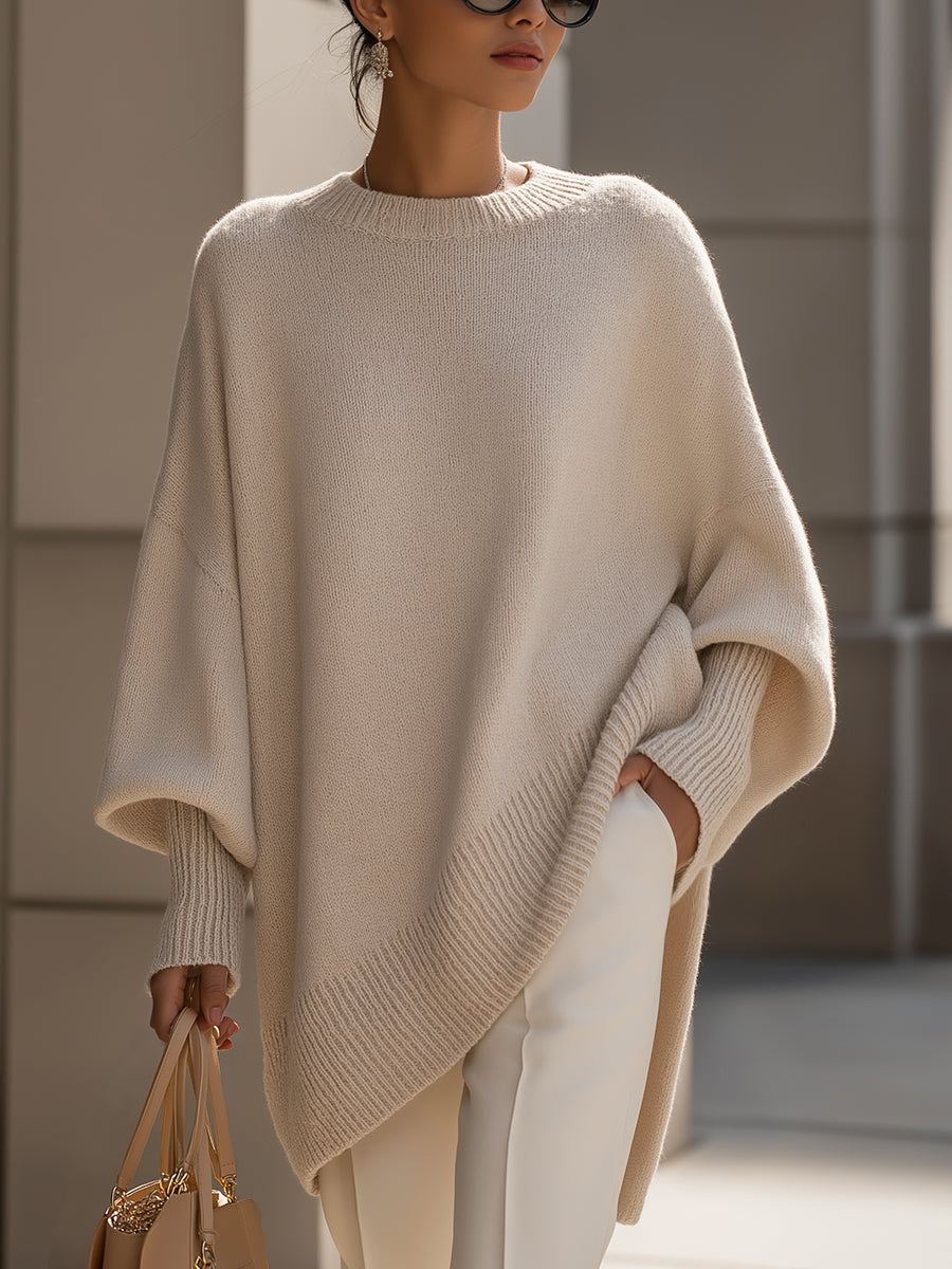 Comfortable Knit Poncho Sweater for Women with Crew Neck Batwing Sleeve Oversized Asymmetric Style