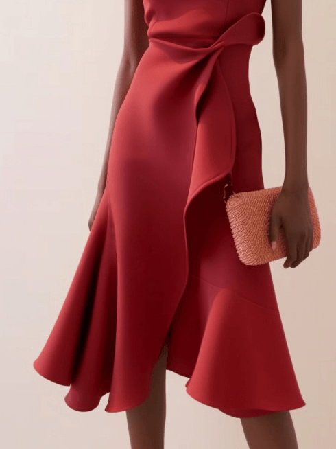 Elegant Draped Midi Dress for Women with Boat Neck Sleeveless Asymmetric Ruffle Hem Cocktail Style