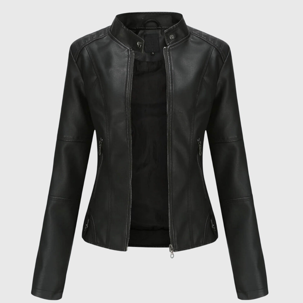 Elegant Faux Leather Moto Jacket for Women with Stand Collar Long Sleeve Zip Front Fitted Style