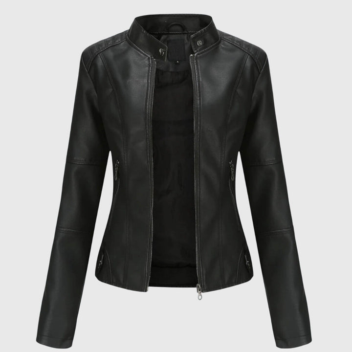 Elegant Faux Leather Moto Jacket for Women with Stand Collar Long Sleeve Zip Front Fitted Style