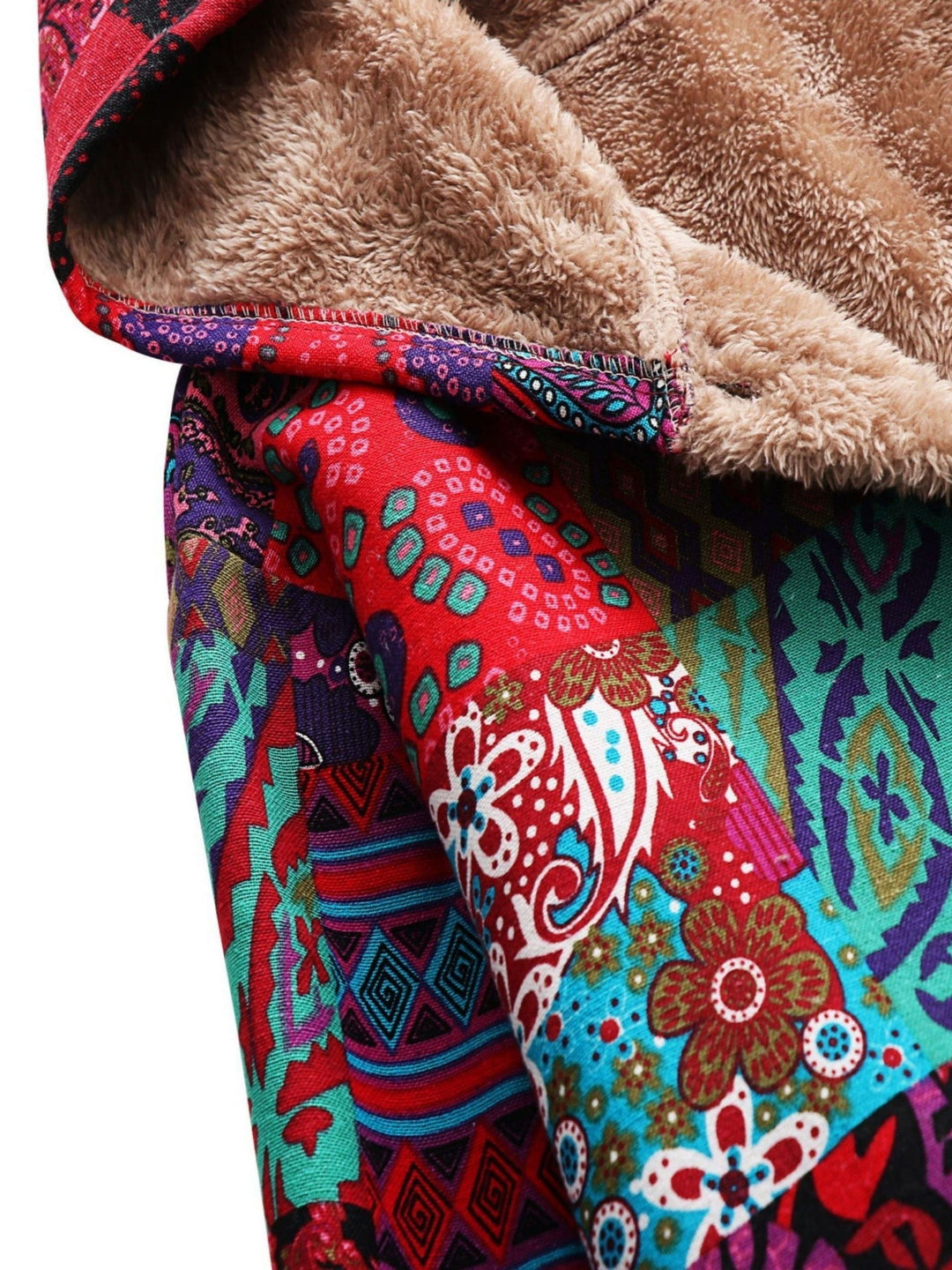 Effortless Patchwork Print Fleece Lined Coat for Women with Hooded Long Sleeve Button Front Oversized Bohemian Style