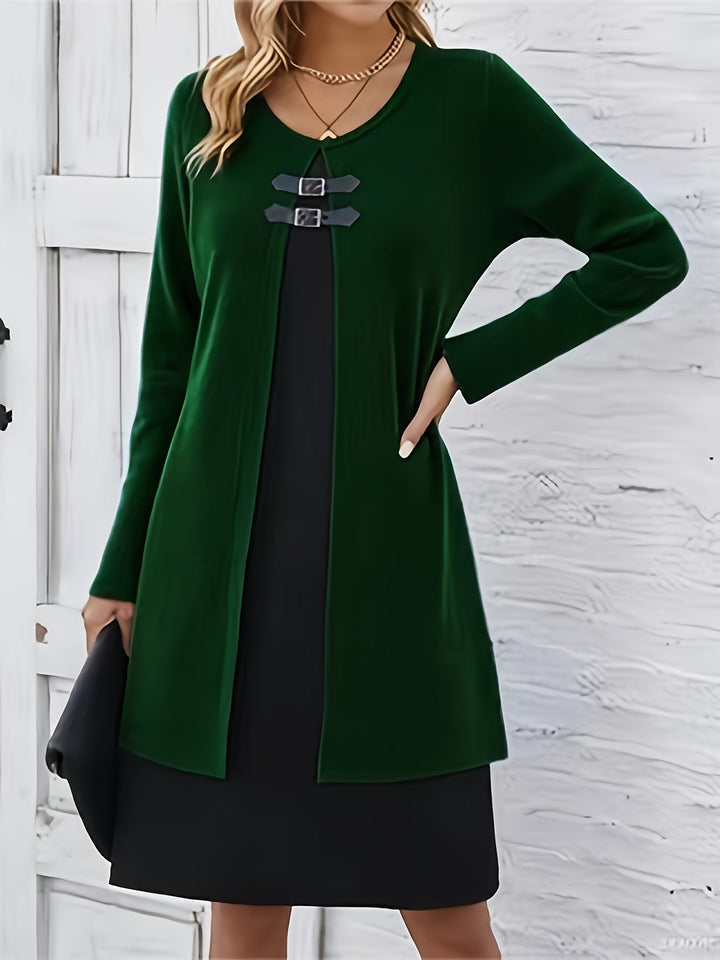 Comfortable Ribbed Knit Sweater Dress for Women with Round Neck Long Sleeve Buckle Detail Layered Style