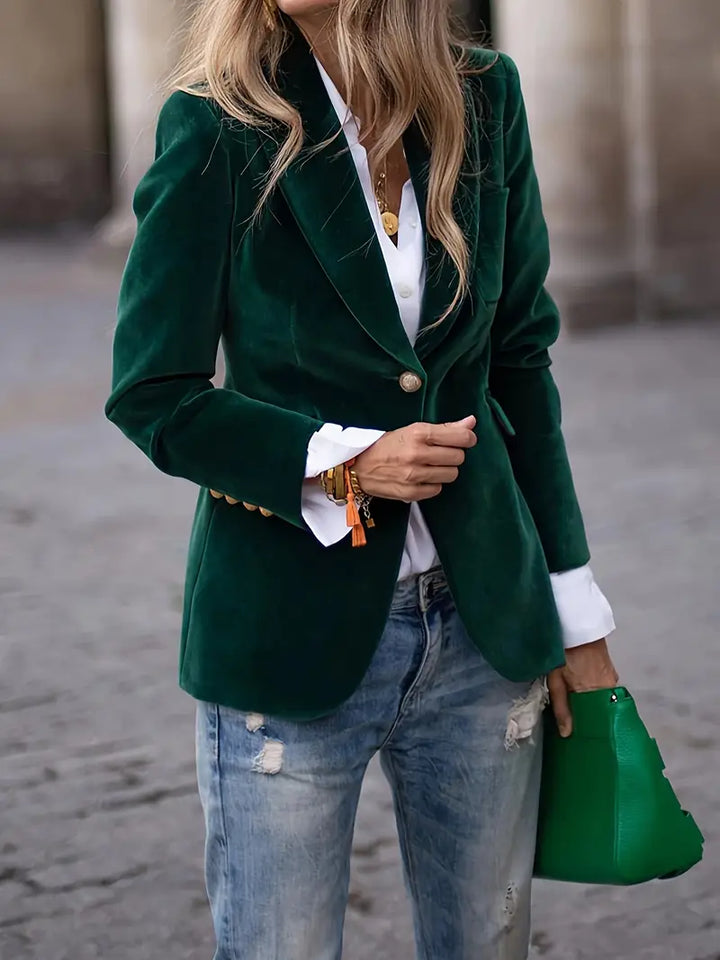 Elegant Velvet Blazer for Women with Lapel Collar Long Sleeve Single Button Tailored Formal Style
