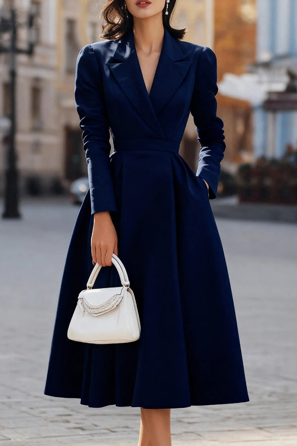 Elegant Fit and Flare Midi Dress for Women with Lapel Collar Long Sleeve Pleated Pocket Cocktail Style