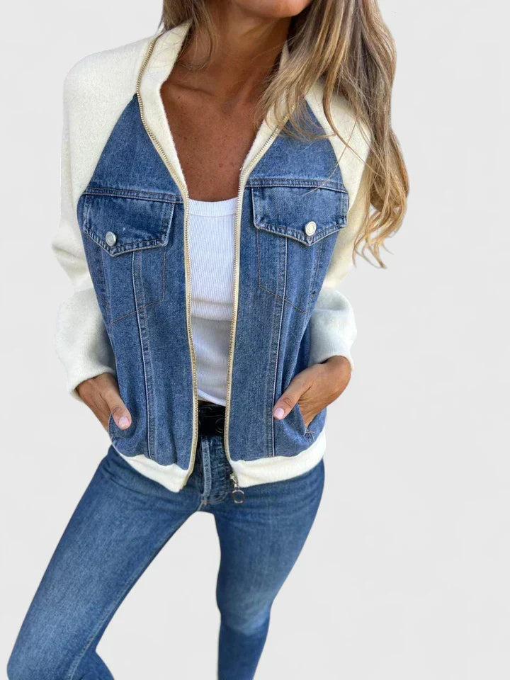 Effortless Denim Bomber Jacket for Women with Zip Front Long Sleeve Colorblock Casual Style