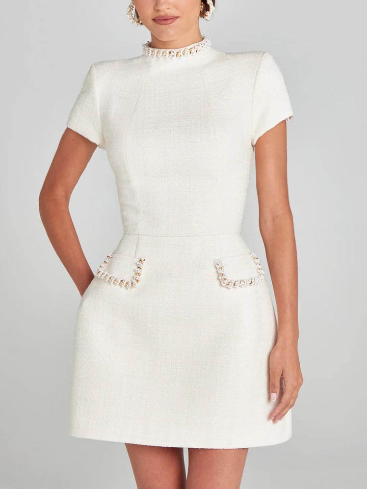 Elegant Tweed Mini Dress for Women with Mock Neck Short Sleeve Embellished Pocket Cocktail Style