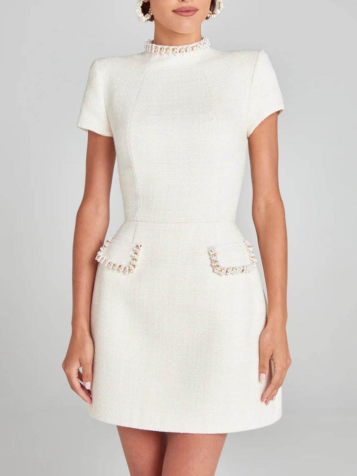 Elegant Tweed Mini Dress for Women with Mock Neck Short Sleeve Embellished Pocket Cocktail Style