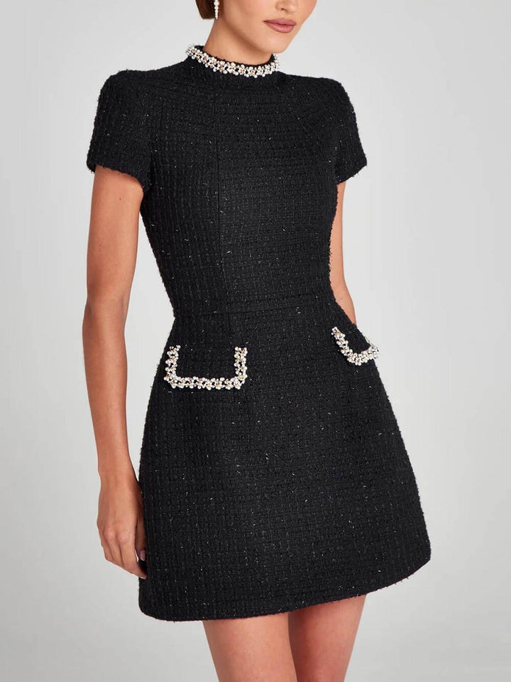 Elegant Tweed Mini Dress for Women with Mock Neck Short Sleeve Embellished Pocket Cocktail Style