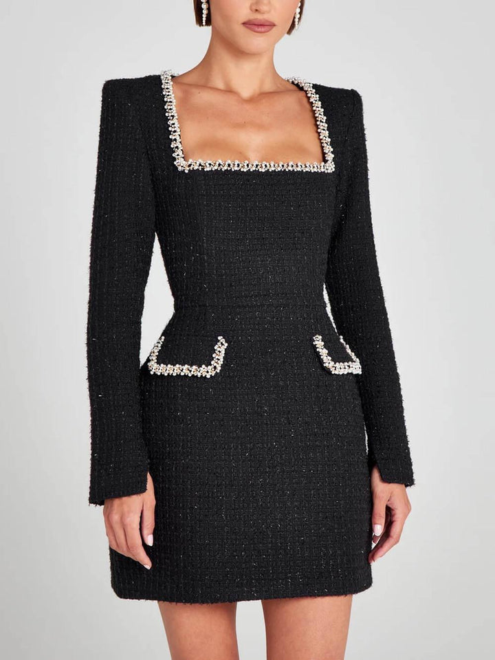 Elegant Tweed Mini Dress for Women with Mock Neck Short Sleeve Embellished Pocket Cocktail Style