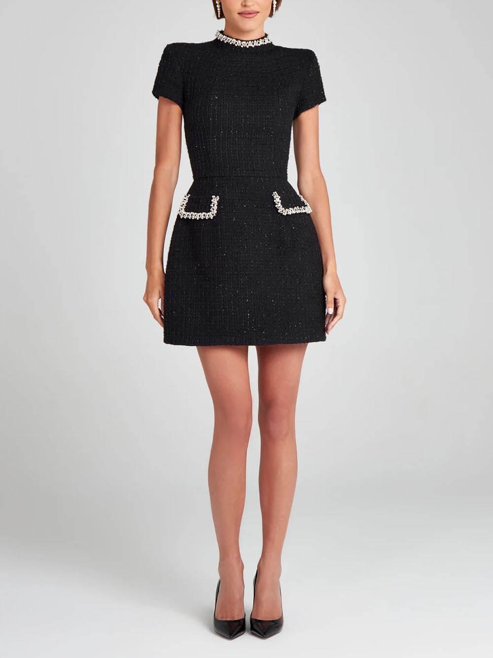 Elegant Tweed Mini Dress for Women with Mock Neck Short Sleeve Embellished Pocket Cocktail Style