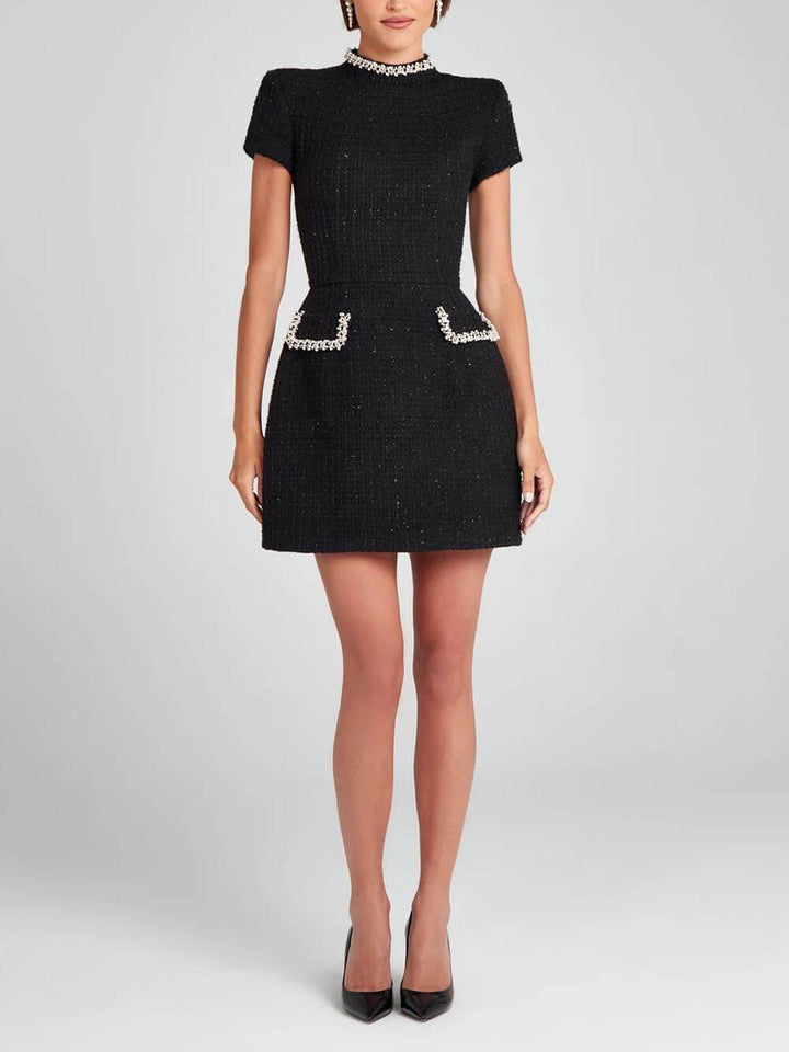 Elegant Tweed Mini Dress for Women with Mock Neck Short Sleeve Embellished Pocket Cocktail Style