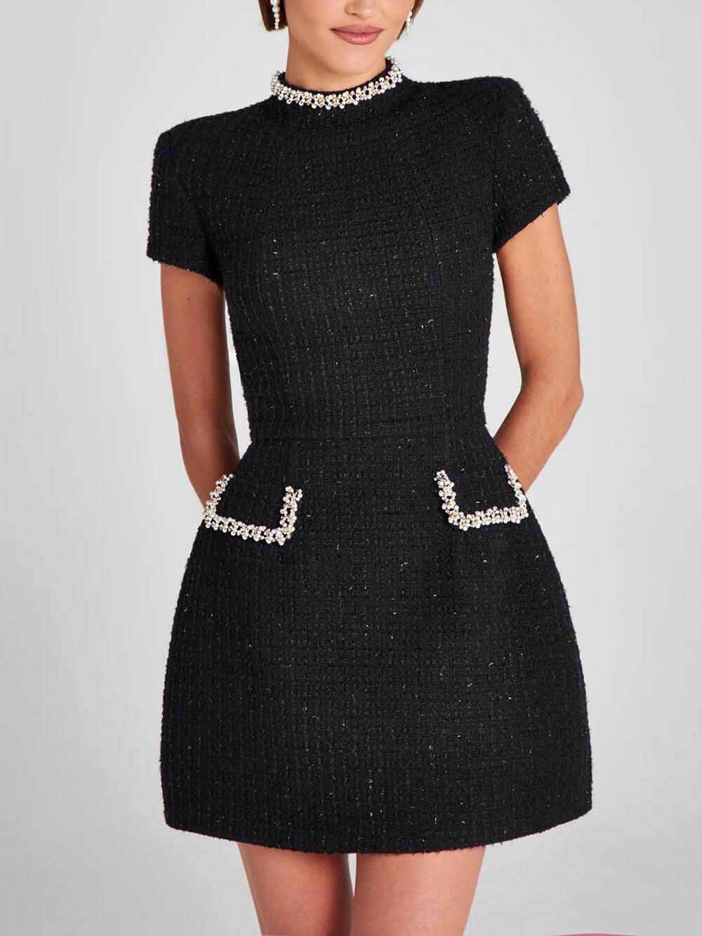 Elegant Tweed Mini Dress for Women with Mock Neck Short Sleeve Embellished Pocket Cocktail Style