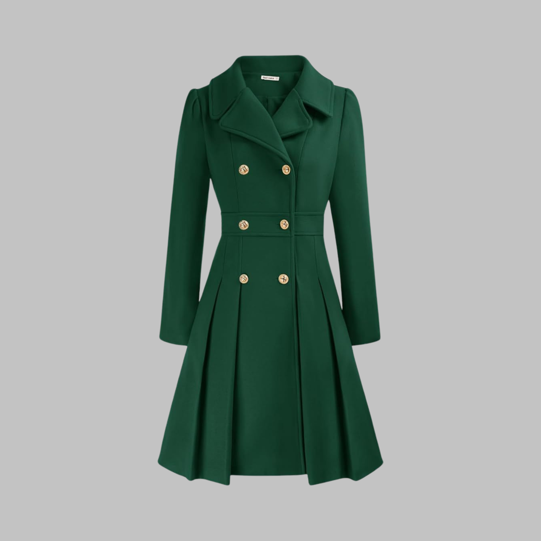 Elegant Wool Blend Pea Coat for Women with Notched Lapel Long Sleeve Double Breasted Pleated Fit and Flare Style