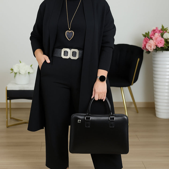 Elegant Three Piece Set for Women with Round Neck Top Open Front Cardigan Wide Leg Pant Formal Style