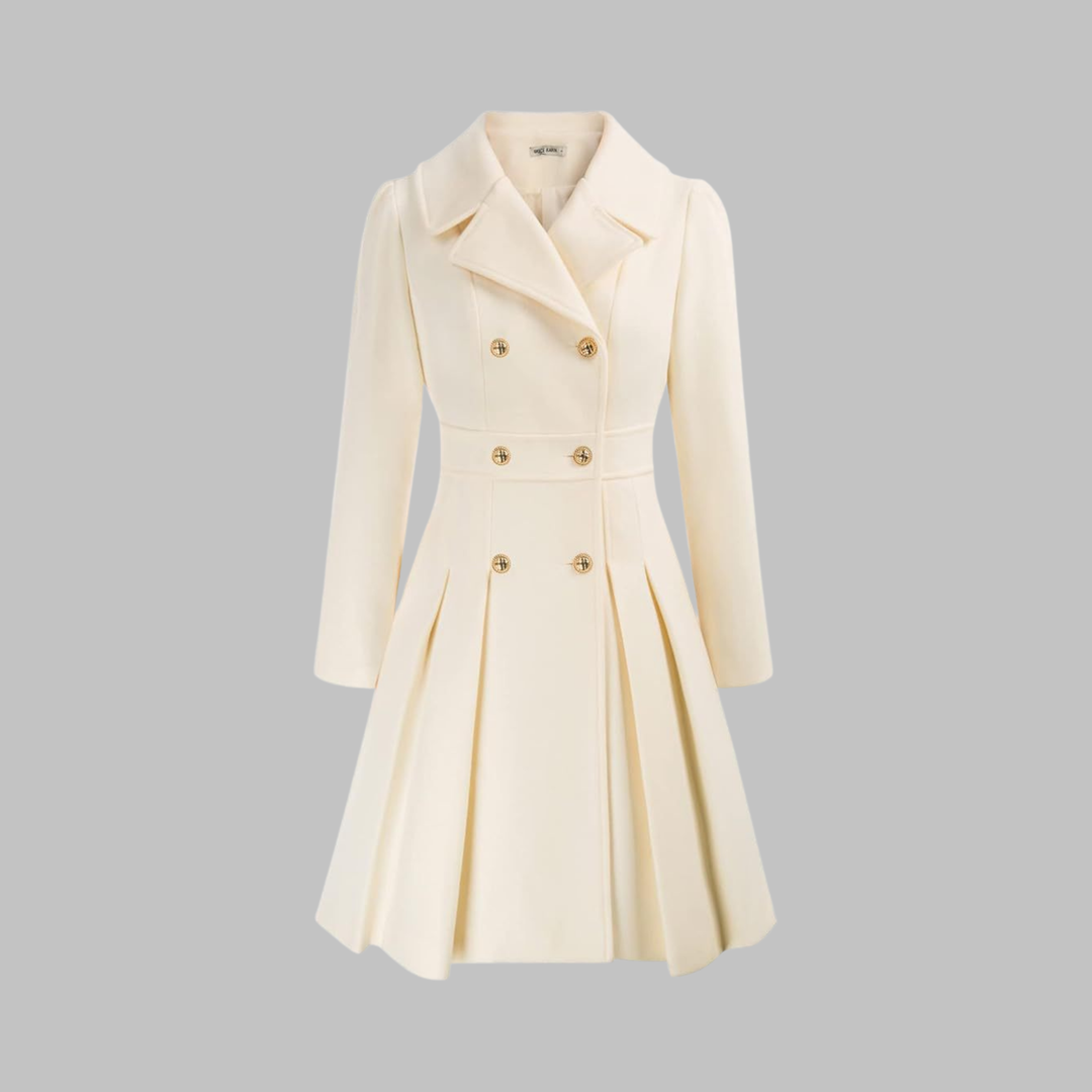 Elegant Wool Blend Pea Coat for Women with Notched Lapel Long Sleeve Double Breasted Pleated Fit and Flare Style