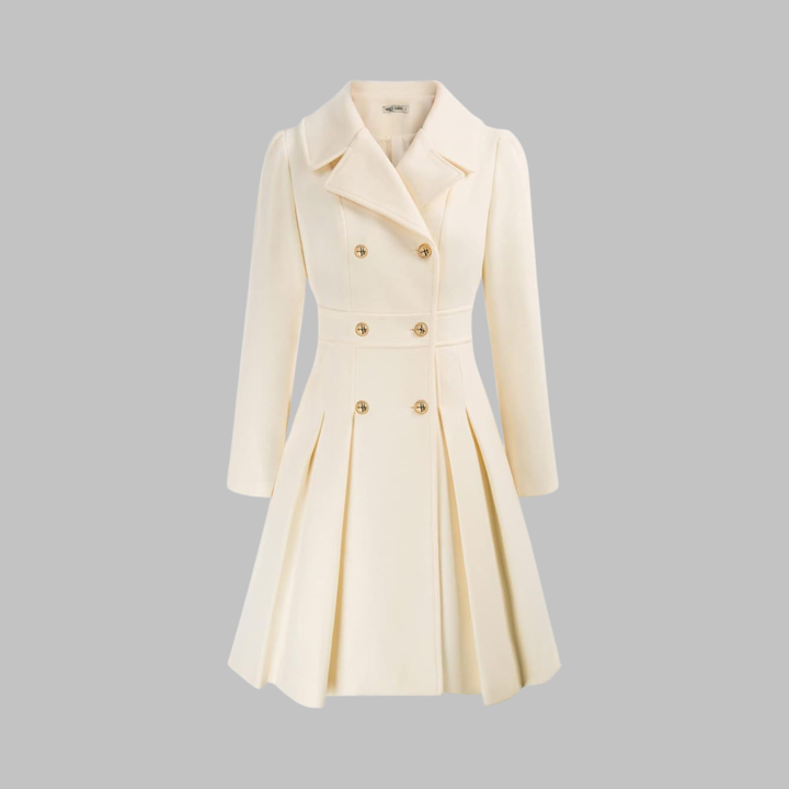 Elegant Wool Blend Pea Coat for Women with Notched Lapel Long Sleeve Double Breasted Pleated Fit and Flare Style