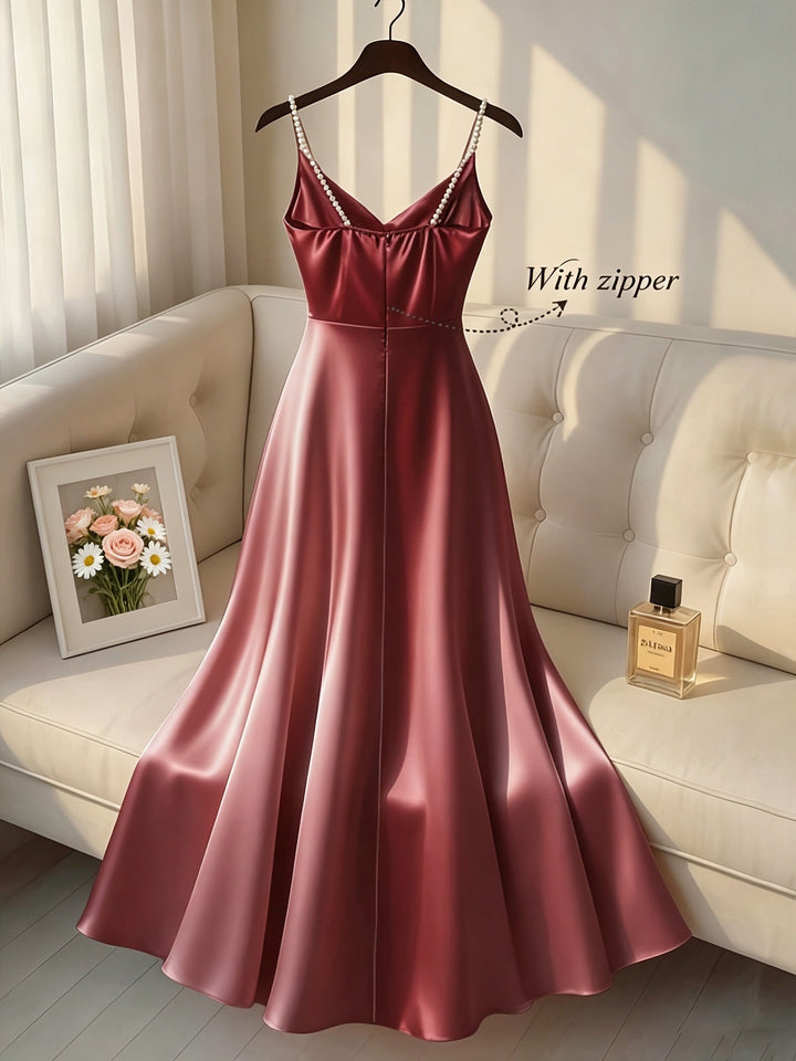 Elegant Satin Maxi Dress for Women with Cowl Neck Pearl Strap Flowing Formal Wedding Guest Style