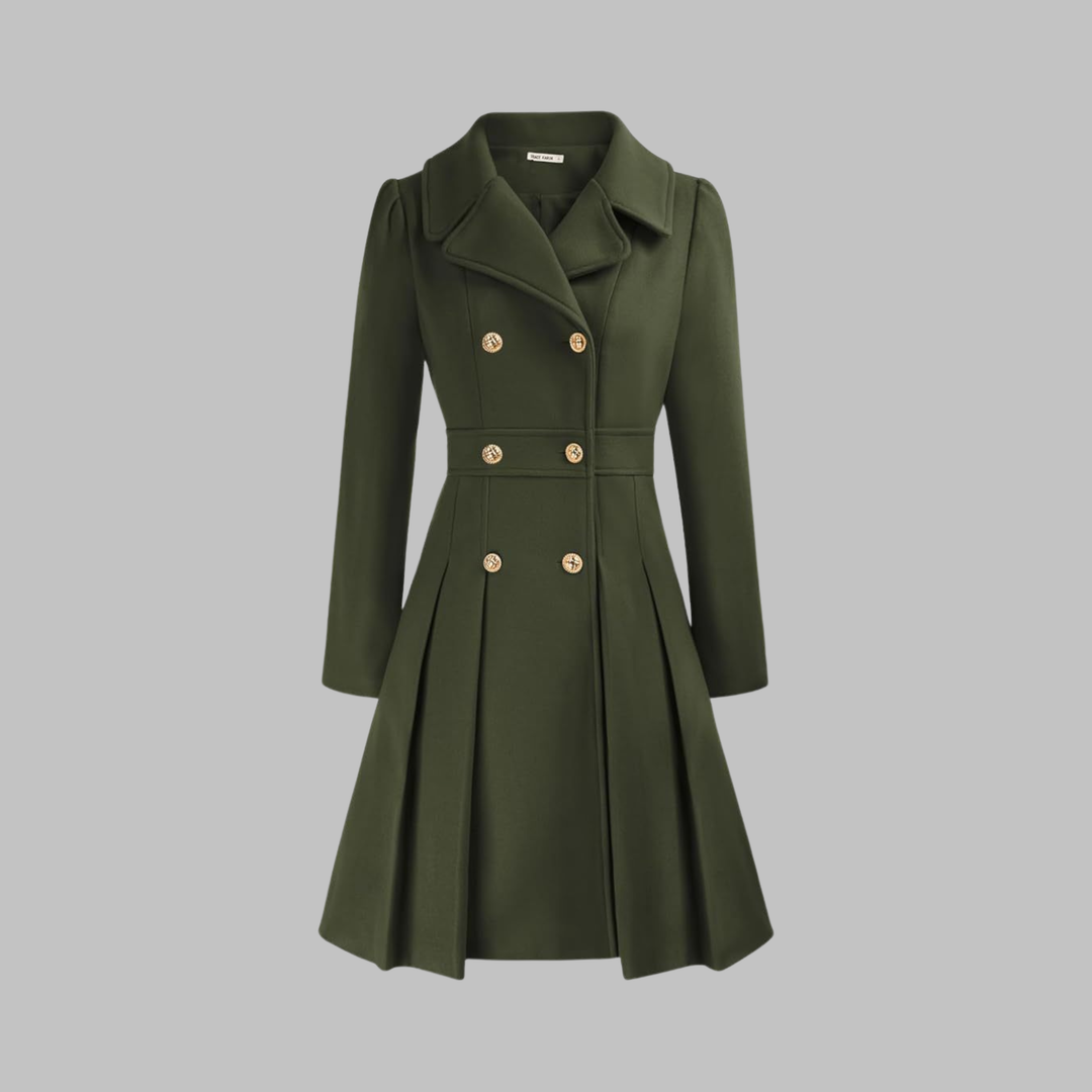 Elegant Wool Blend Pea Coat for Women with Notched Lapel Long Sleeve Double Breasted Pleated Fit and Flare Style